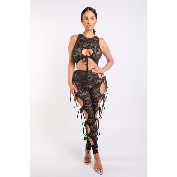 Womens Tie detailed Lace Up Transparent Floral Print Cut Out Top and pants Set - Picture 8 of 8